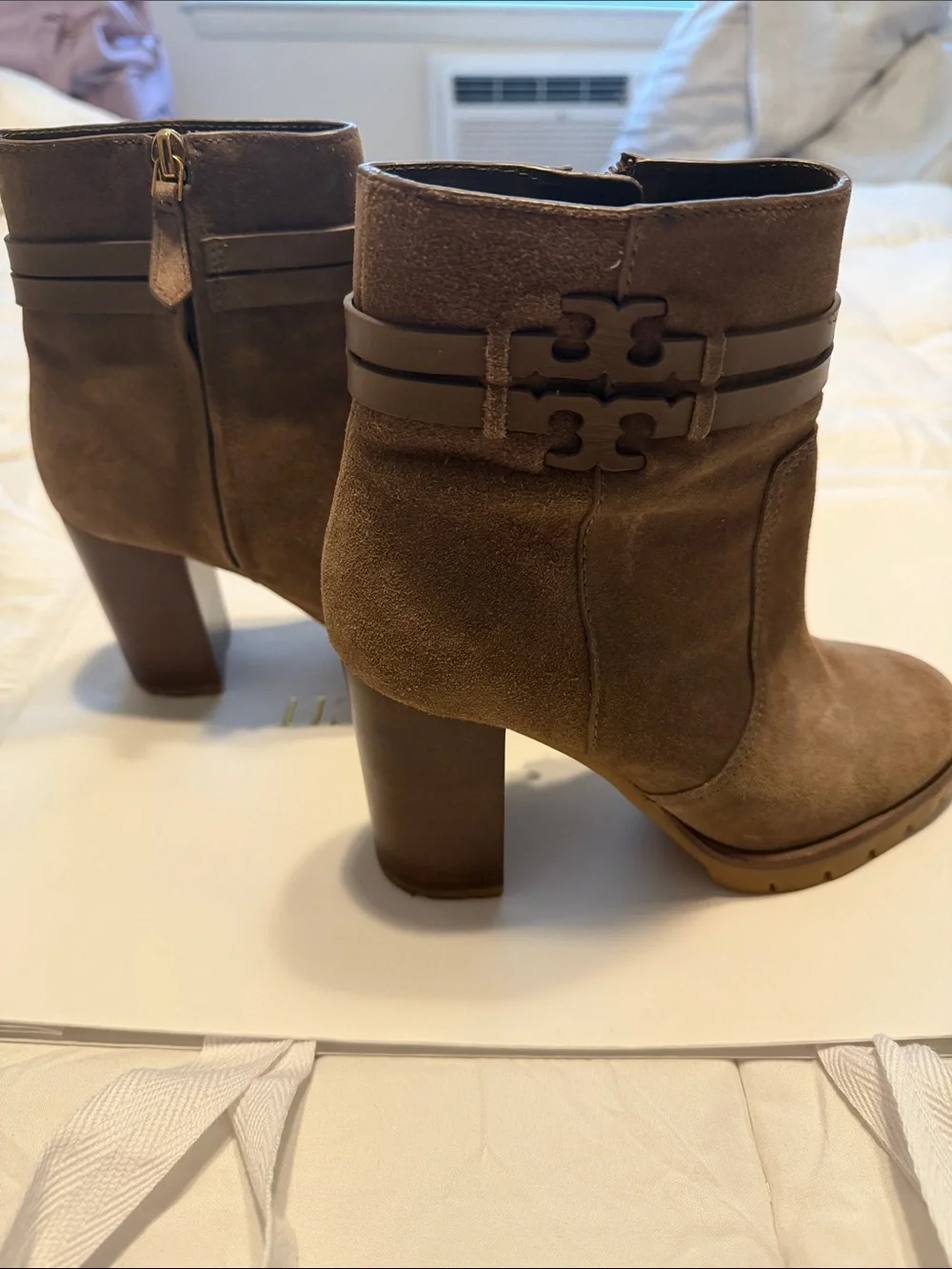 Tory Burch Brown Suede Ankle Booties with Logo Strap